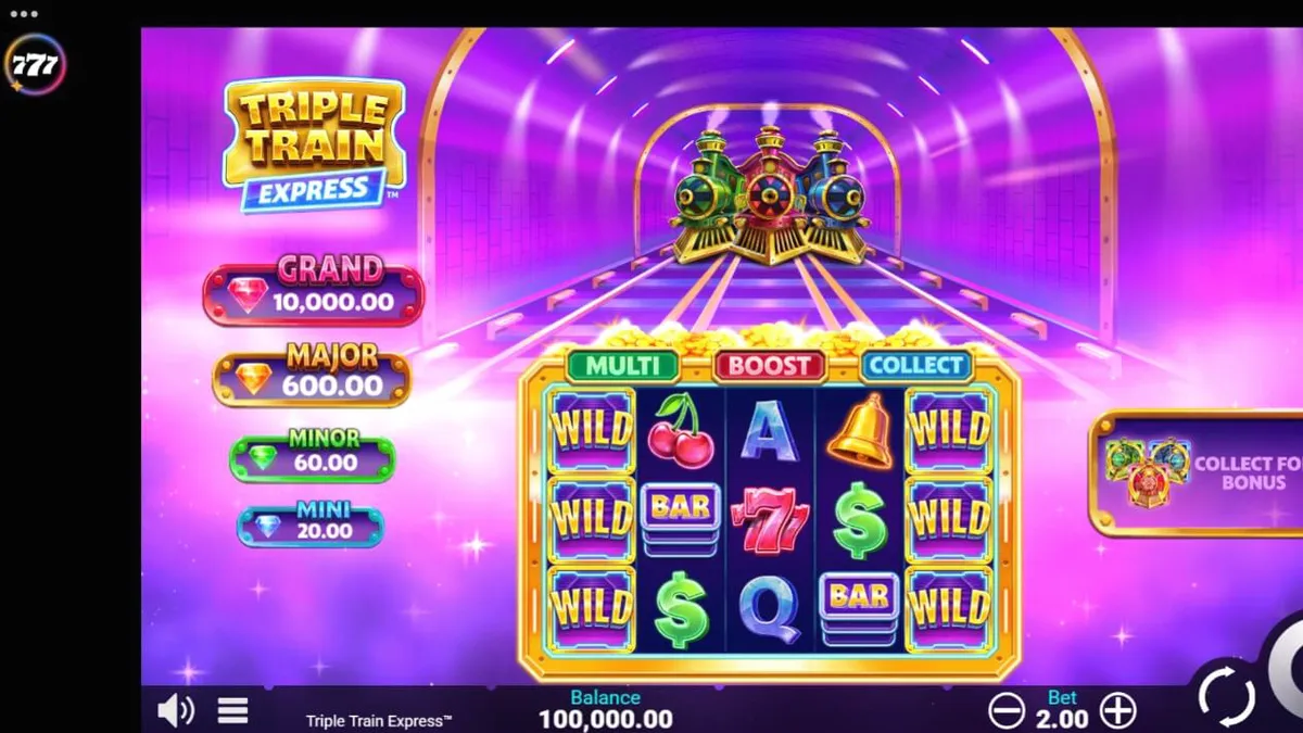 Tampilan visual futuristik dari slot Triple Train Express dengan kereta neon