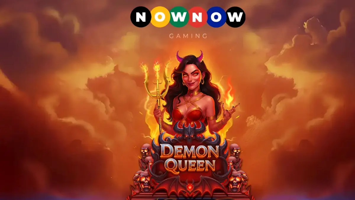 Tampilan visual slot Demon Queen dengan latar belakang api neraka dan simbol buah bergaya gotik